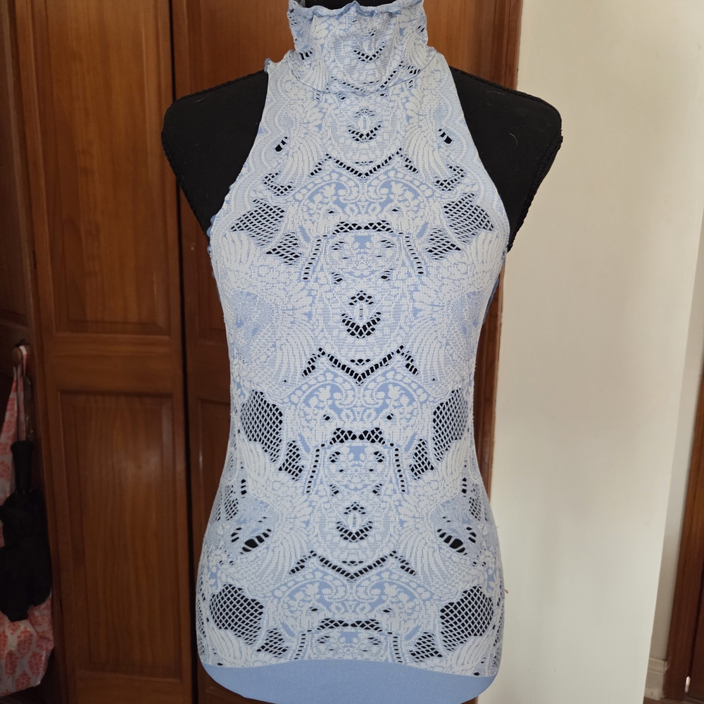 Light Blue Lace High Neck Sleeveless Top